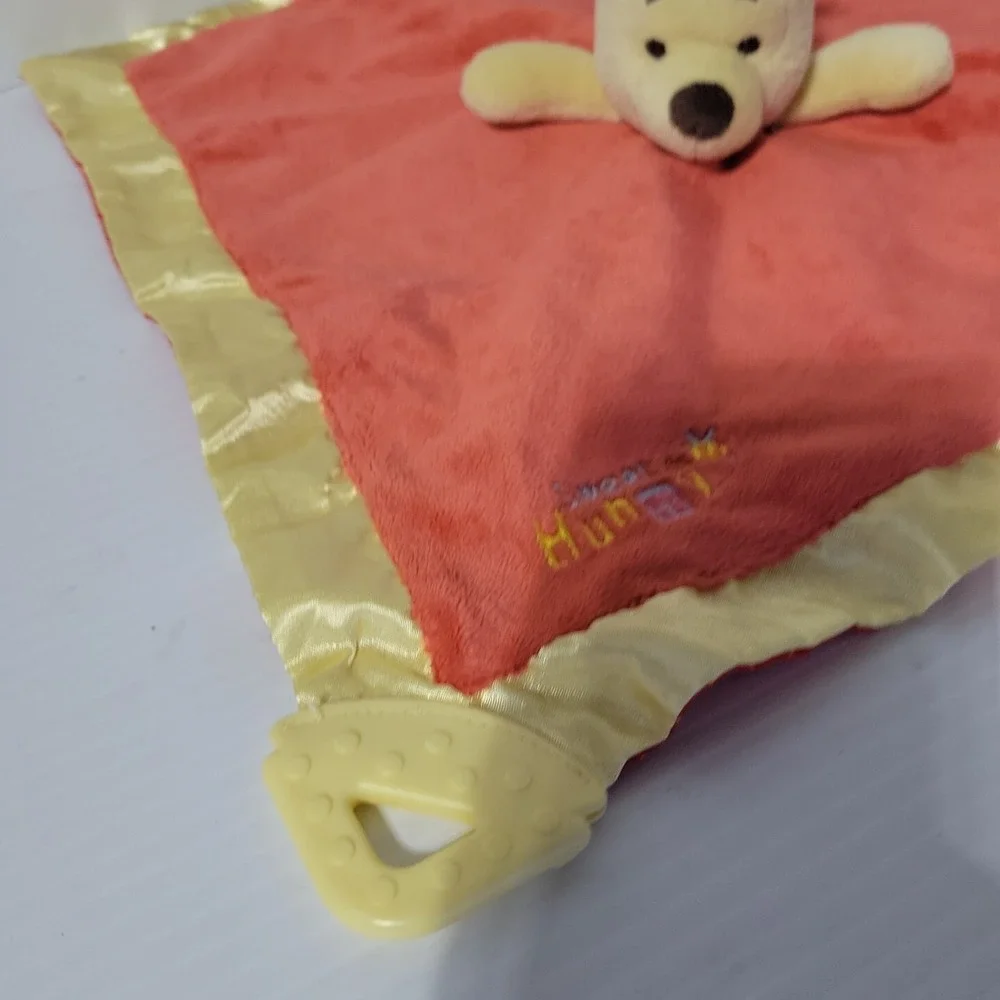Disney Winnie the Pooh SWEET AS HONEY Red Lovey‎ Yellow Teether Plush Satin Edge